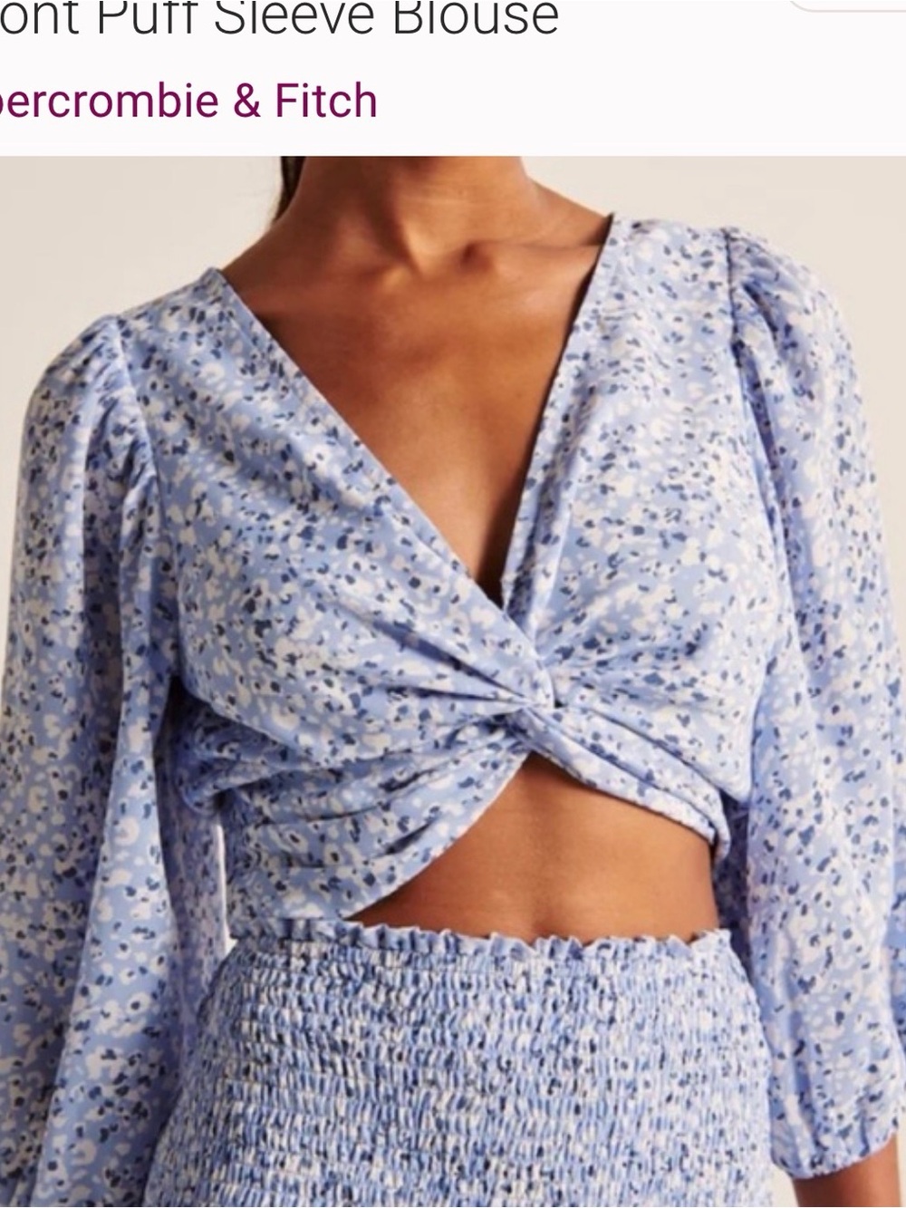Abercrombie & Fitch Light Blue Floral Knot-Front Puff Sleeve Blouse